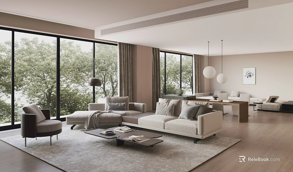 Modern Living And Dining Area With Large Windows Beige Sofa Gray Carpet And Dining Table 3d model 