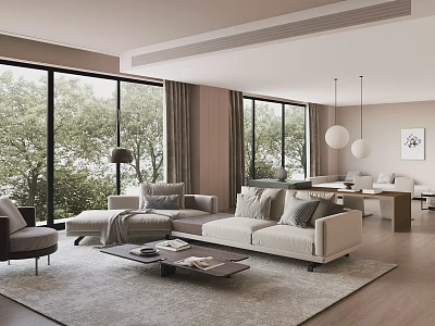 Modern Living And Dining Area With Large Windows Beige Sofa Gray Carpet And Dining Table 3d model