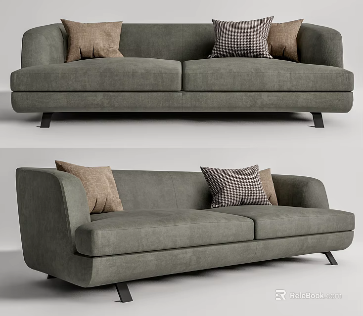 Comfortable Gray Fabric Two Seater Sofa With Plaid And Solid Pillows 3d model