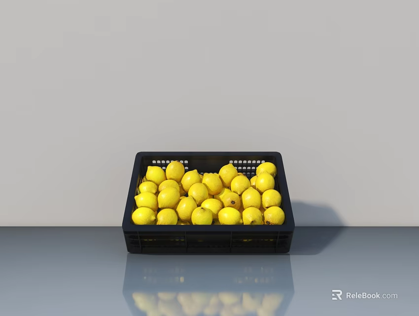 Showcase Shelf Featuring Black Plastic Basket Filled With Fresh Yellow Fruits 3d model 