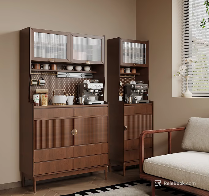 Warm Home Corner With Brown Glass Door Cabinets Coffee Machine And Sofa 3d model 