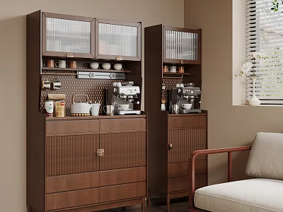 Warm Home Corner With Brown Glass Door Cabinets Coffee Machine And Sofa 3d model