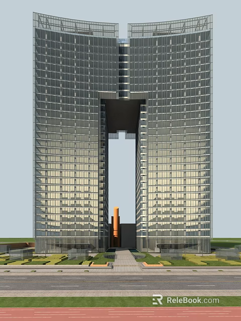 Modern Office Building with Glass Curtain Wall Symmetrical Design Entrance Archway and Orange Accent 3d model 