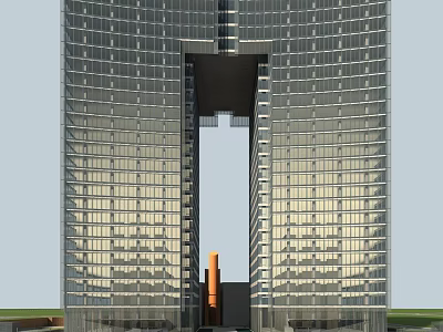 Modern Office Building with Glass Curtain Wall Symmetrical Design Entrance Archway and Orange Accent 3d model