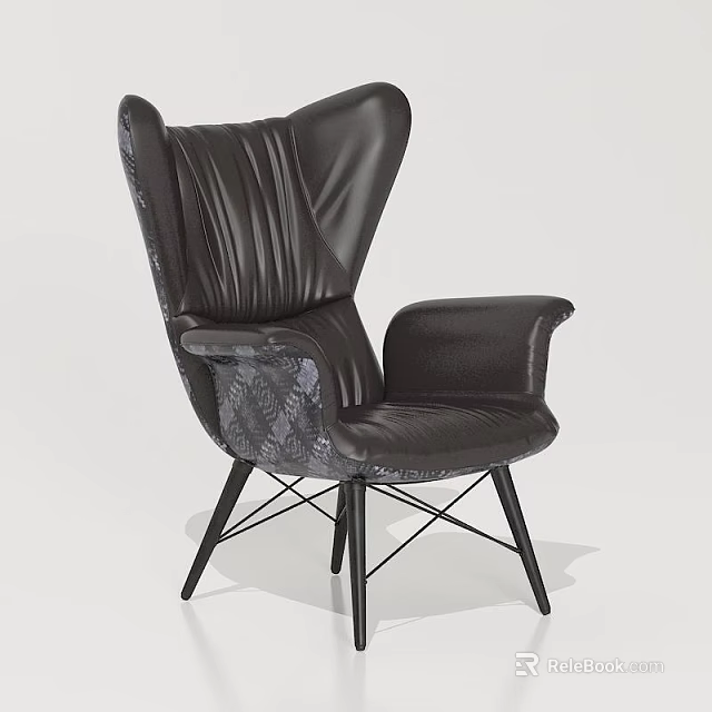 Stylish Black Leather Wingback Leisure Chair With Pleated Design Patterned Accents And Metal Legs 3d model 