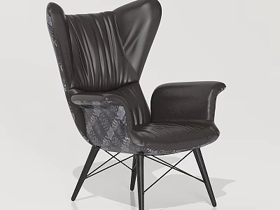 Stylish Black Leather Wingback Leisure Chair With Pleated Design Patterned Accents And Metal Legs 3d model