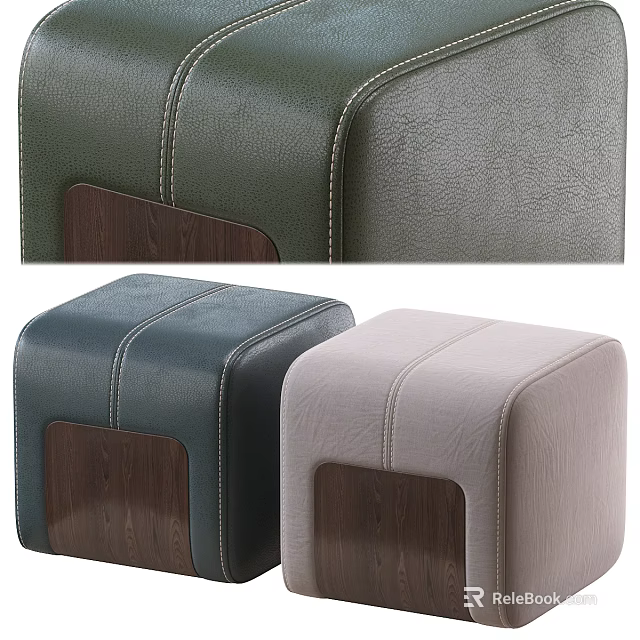Green Blue And Beige Leather Ottoman With Stitched Details And Wooden Base 3d model 