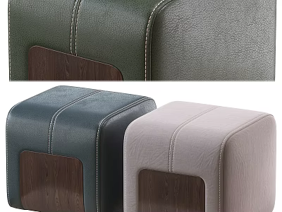Green Blue And Beige Leather Ottoman With Stitched Details And Wooden Base 3d model