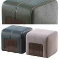 Green Blue And Beige Leather Ottoman With Stitched Details And Wooden Base 3d model