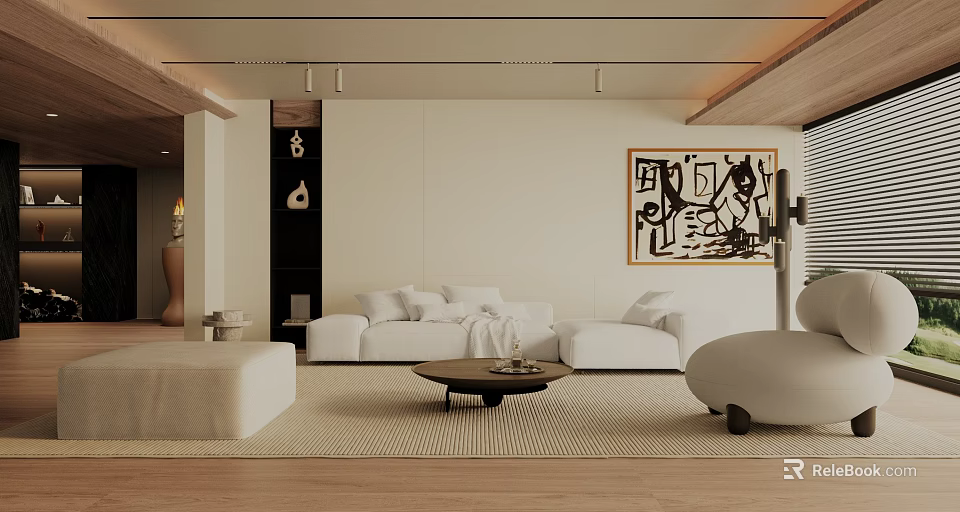 Modern Dining and Living Room Interior with White Sofa Wooden Floor and Abstract Painting 3d model 