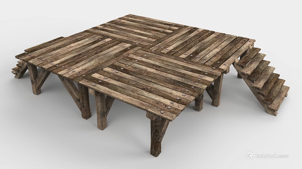 Rustic Wooden Observation Deck With Planked Platform And Log Supporting Legs 3d model 