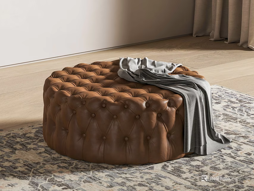 Round Brown Leather Tufted Ottoman With Gray Blanket On Patterned Rug 3d model 