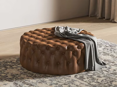 Round Brown Leather Tufted Ottoman With Gray Blanket On Patterned Rug 3d model