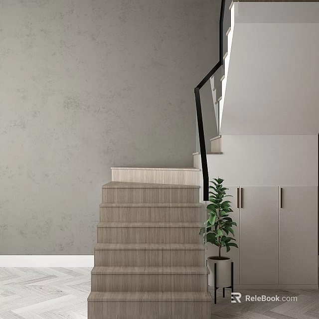 Modern Staircase Structure With Black Handrail Wooden Steps Gray Wall Green Plant And White Cabinet 3d model 