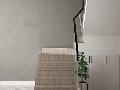 Modern Staircase Structure With Black Handrail Wooden Steps Gray Wall Green Plant And White Cabinet 3d model