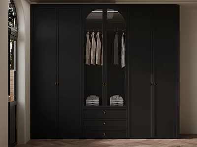 Modern Black Wardrobe Interior With Full Length Mirror And Drawers 3d model