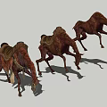 Three Red Reptiles with Saddle Like Gear Standing Head Down in Open Area