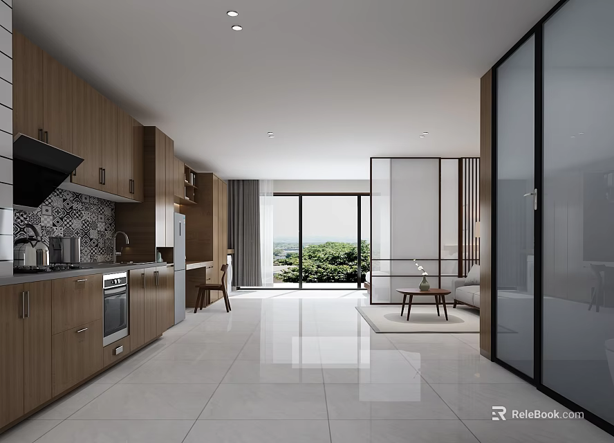 Modern Apartment with Open Kitchen Wooden Cabinets White Tile Floor Large Windows and Green View 3d model 