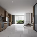Modern Apartment with Open Kitchen Wooden Cabinets White Tile Floor Large Windows and Green View
