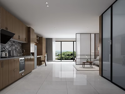 Modern Apartment with Open Kitchen Wooden Cabinets White Tile Floor Large Windows and Green View 3d model