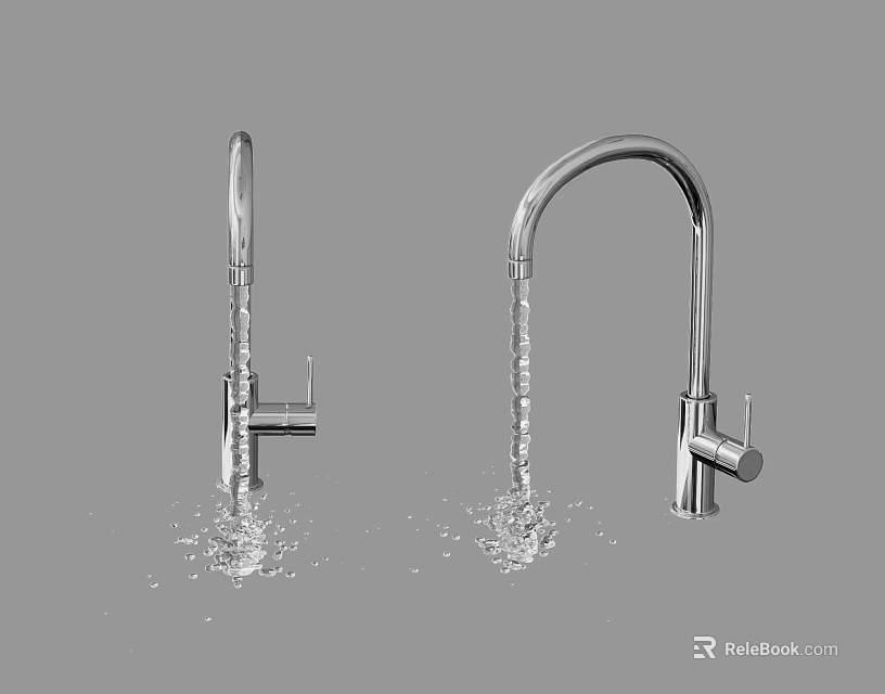 Silver Faucets With Running Water And Splashing Drops On Gray Background 3d model