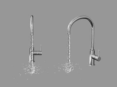 Silver Faucets With Running Water And Splashing Drops On Gray Background 3d model