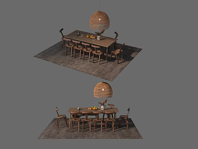 Modern Wooden Dining Table Set With Matching Chairs Hanging Lamp And Area Rug 3d model