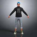 Man Wearing Blue Beanie Black Turtleneck With White Graphic Light Cuffed Pants On Gray Background