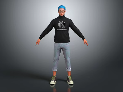 Man Wearing Blue Beanie Black Turtleneck With White Graphic Light Cuffed Pants On Gray Background 3d model