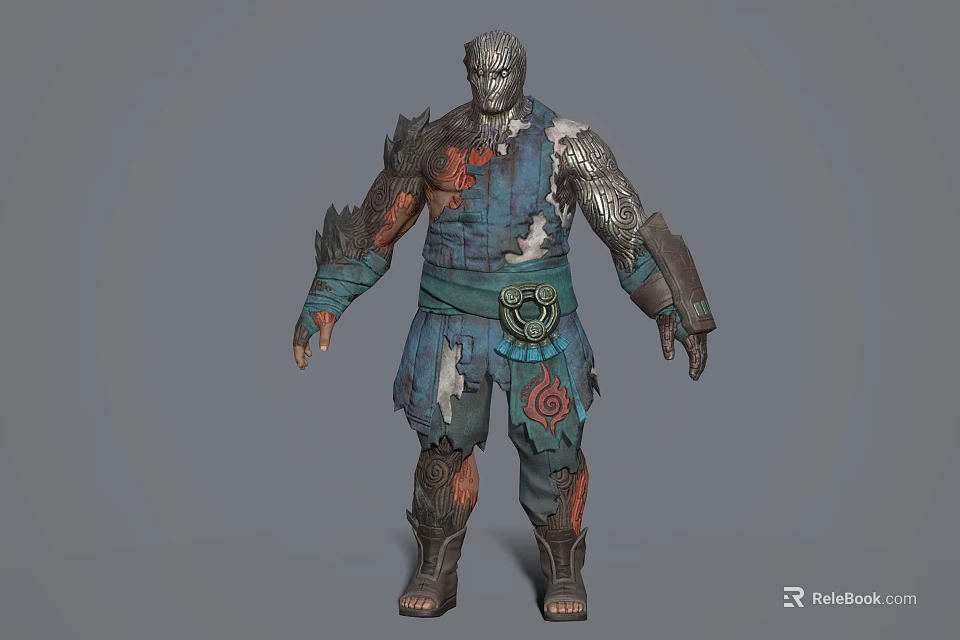 Game Movie Character With Tattered Blue Red Clothing And Metal Armor Decorative Patterns 3d model 