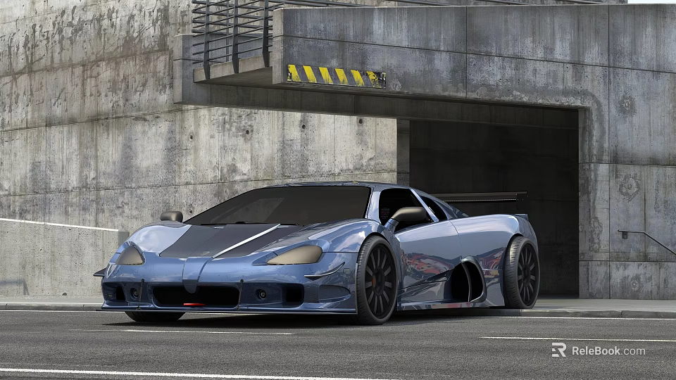 Blue Sports Car Featuring Streamlined Design Parked By Concrete Garage Entrance With Sporty Exterior 3d model 