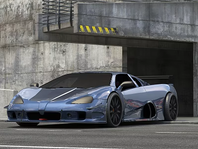 Blue Sports Car Featuring Streamlined Design Parked By Concrete Garage Entrance With Sporty Exterior 3d model