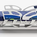 Adjustable Medical Bed with Blue Mattress White Frame Side Rails and Control Panel on Wheels