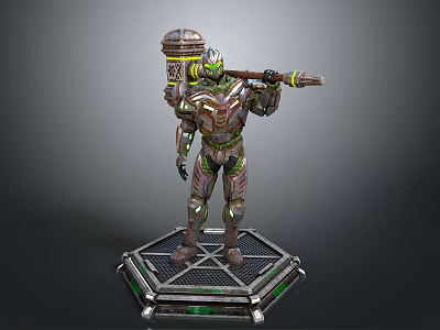 Game and Movie Character in Ornate Armor Holding Large Hammer on Hexagonal Platform 3d model