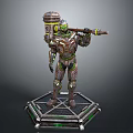 Game and Movie Character in Ornate Armor Holding Large Hammer on Hexagonal Platform