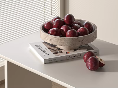 Ripe Red Plums In Ceramic Bowl On Stacked Books With Window Blinds 3d model