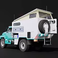 Turquoise Modified Truck With White Container Roof Rack And Off Road Tires