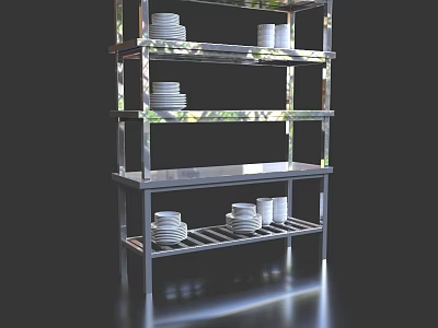 Modern Stainless Steel Cabinet With Multiple Shelves Holding Plates And Cups 3d model