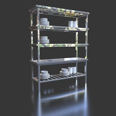Modern Stainless Steel Cabinet With Multiple Shelves Holding Plates And Cups 3d model