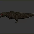 3D Tyrannosaurus Rex Model With Dark Skin Red Accents Open Mouth Sharp Teeth Gray Background