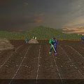Scenic Sunset Landscape Over Agricultural Field With Workers And Lush Trees