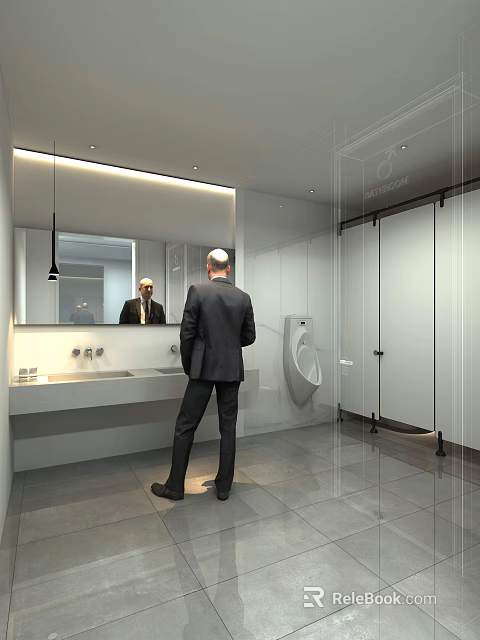 Modern Public Restroom Interior With Sink Mirror Urinal Stalls And Tiled Floor 3d model 