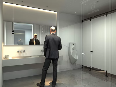 Modern Public Restroom Interior With Sink Mirror Urinal Stalls And Tiled Floor 3d model