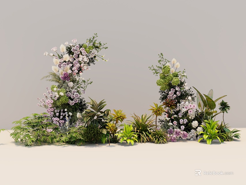 Beautiful Pink And White Flower Stands With Green Leaves And Plants For Wedding Decoration 3d model 