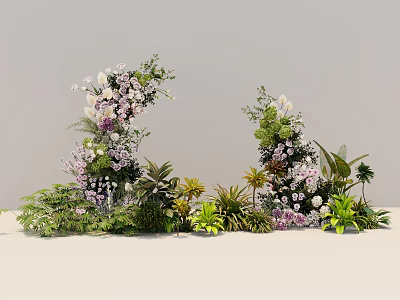 Beautiful Pink And White Flower Stands With Green Leaves And Plants For Wedding Decoration 3d model