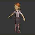 3D Cartoon Girl Character With Red Hair Braids Suspender Skirt White Shirt And Bow Tie