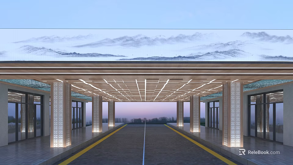 Architectural Entrance Design With Landscape Mural Columns Yellow Lines And Evening Mountain View 3d model 