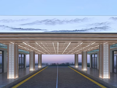 Architectural Entrance Design With Landscape Mural Columns Yellow Lines And Evening Mountain View 3d model