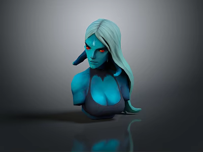 Blue Skinned Fantasy Creature 3D Bust Model Featuring Silver Hair Red Eyes And Pointed Ears 3d model