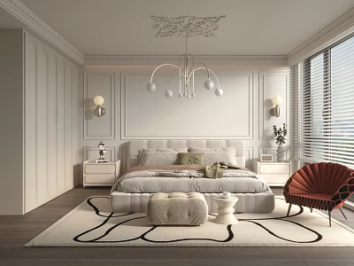 Elegant Modern Bedroom Interior Design With Bedside Tables Chandelier Wall Lamps And Accent Chair 3d model